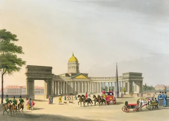 Vista de la Plaza de Kassan y la Catedral en San Petersburgo, ilustración para octubre de 